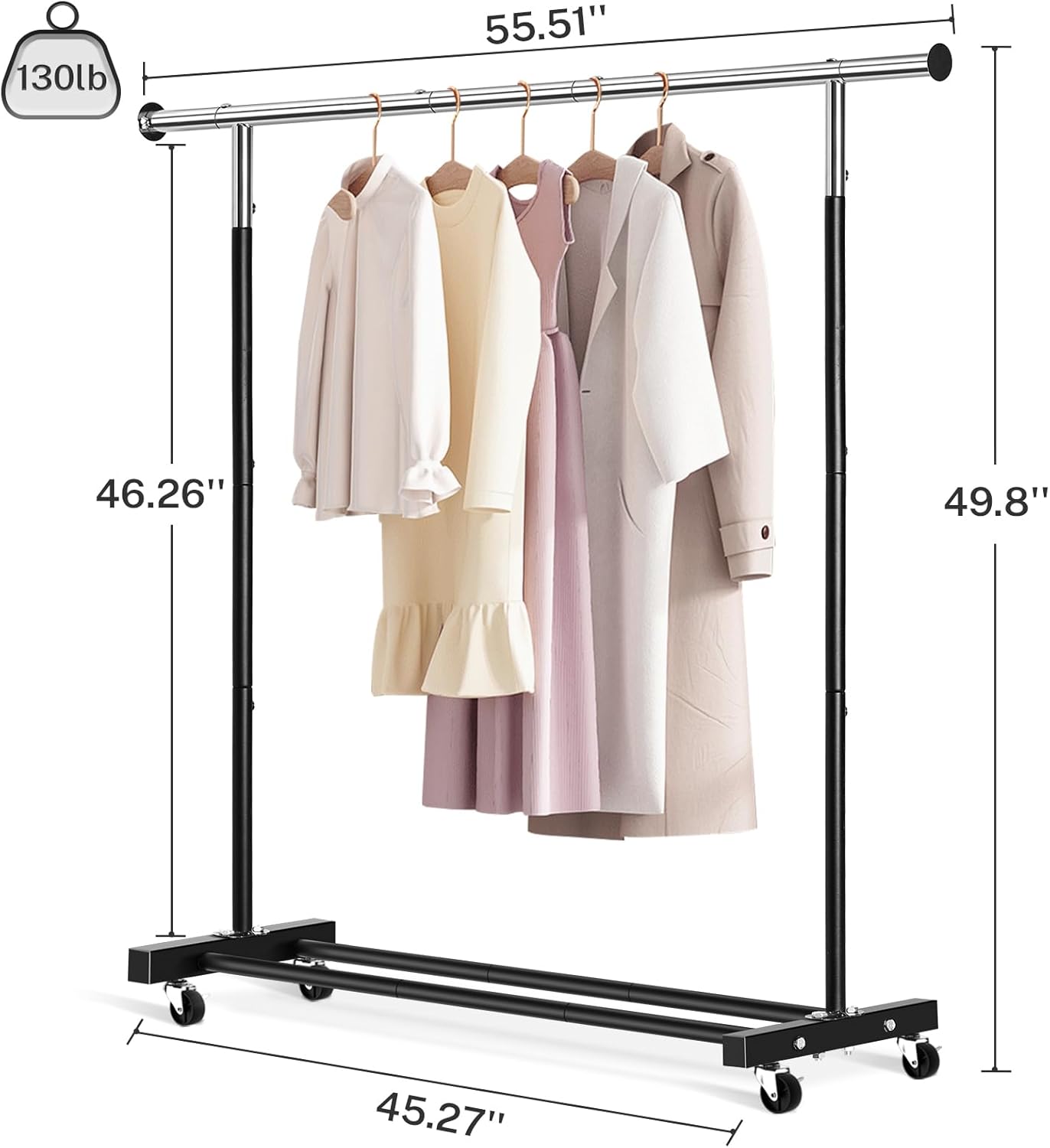 VICERII Heavy Duty Clothes Rack - 55.51 Inch Rolling Garment Rack with Wheels & Bottom Shelf | 130LB Capacity, Black