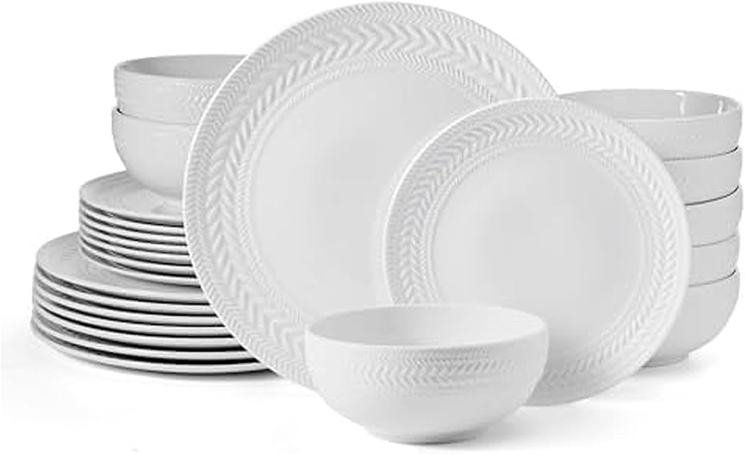 Pfaltzgraff Josephine 24-Piece Dinnerware Set - Elegant Embossed Basket Weave Design | Service for 8, White, Microwave & Dishwasher Safe