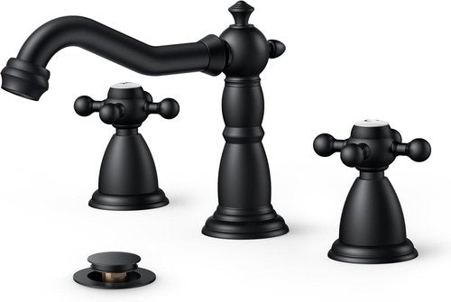 FORIOUS Matte Black Bathroom Faucet - Vintage 3 Hole Widespread Design with Cross Handles & Metal Drain | 8 Inch