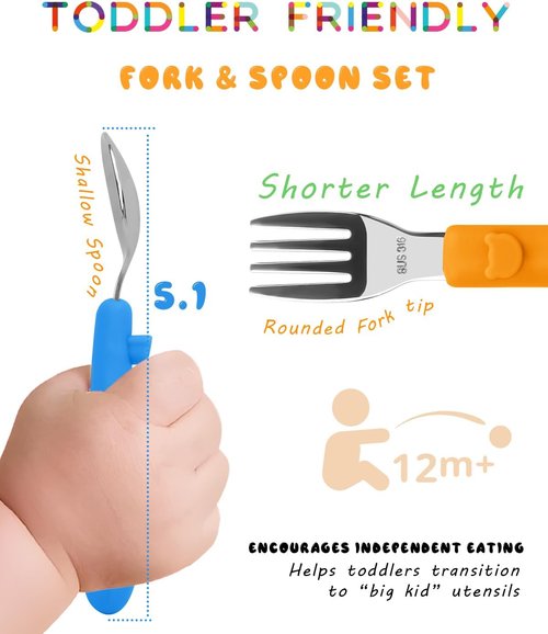 Bakpoco Toddler Utensils Set - 6PCS 316 Stainless Steel Forks & Spoons with Silicone Handles | BPA-Free, Dishwasher Safe, Bright Colors