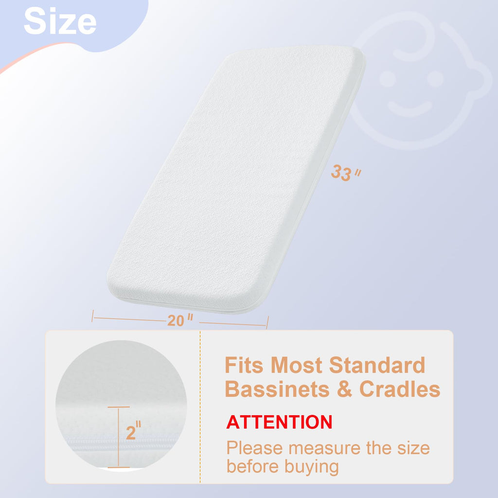 NeoBorn Baby Bassinet Mattress Pad, 33" x 20" Dual Sided Comfort Gel Memory Foam Mattress with Removable Breathable Soft Tencel Cover Fit for Baby Delight/Mika Micky/KoolerThings Bassinet