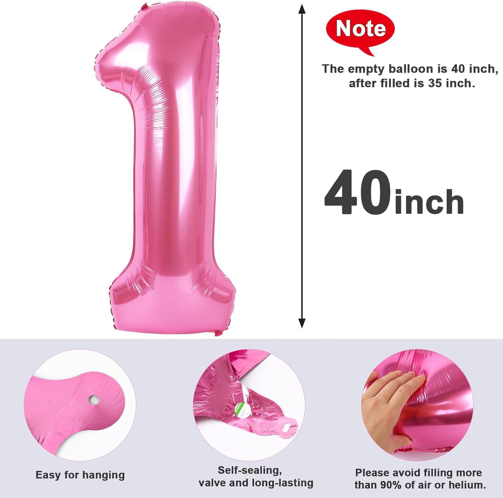 Number Balloons - 40 Inch Pink Balloons for 1st Birthday Decorations & Baby Showers