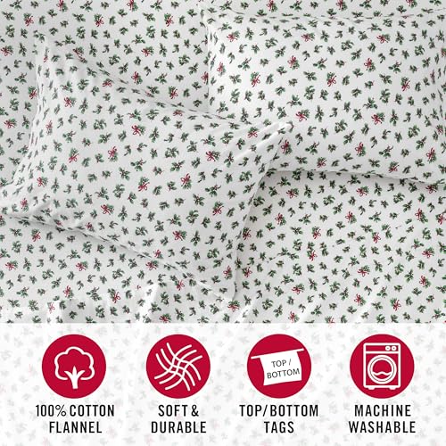 Holiday Boughs of Holly Cotton Flannel Sheet Set Twin - Red & Green