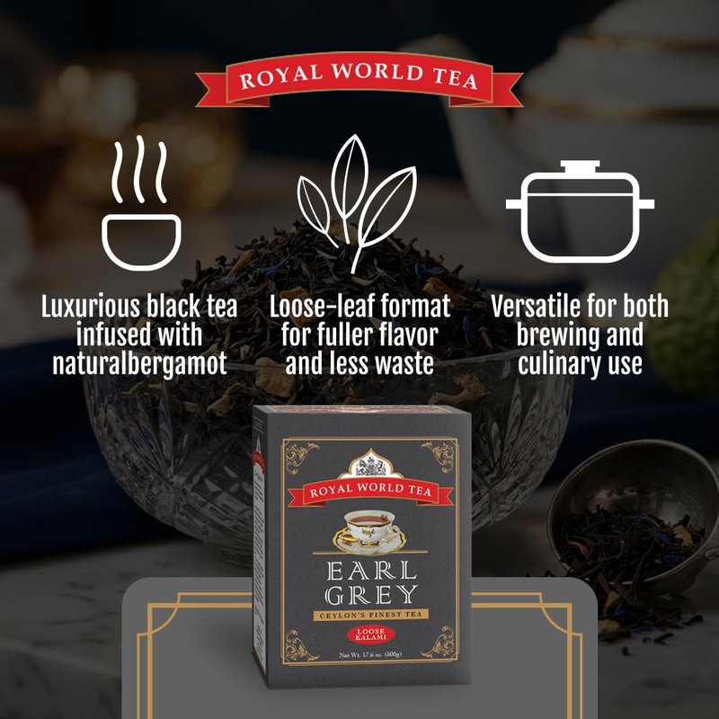 Royal World Loose Leaf Earl Grey Tea – Premium Blend of Bergamot & Ceylon Black Tea – Ideal for London Fog & Iced Drinks – Perfect for Recipes – Sourced from Sri Lanka – Minimal Packaging, 17.6oz