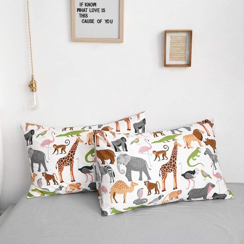 BlueBlue Safari Kids Duvet Cover Set Queen, 100% Cotton Bedding for Boys Girls Teens Lion Elephant Rhino Giraffe Zebra Zoo Print on White, 1 Full Soft Comforter Cover 2 Pillow Shams
