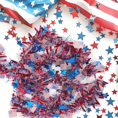 50ft Patriotic Red White & Blue Metallic Tinsel Garland with Stars