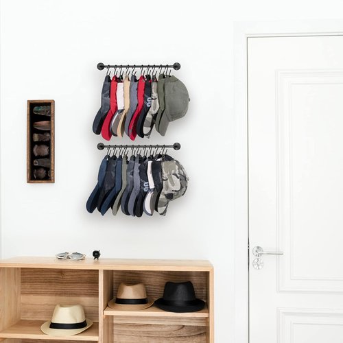 Mkono Hat Rack - Modern Wall-Mounted Cap Organizer with 20 Hooks | Set of 2 Black for Bedroom and Entryway