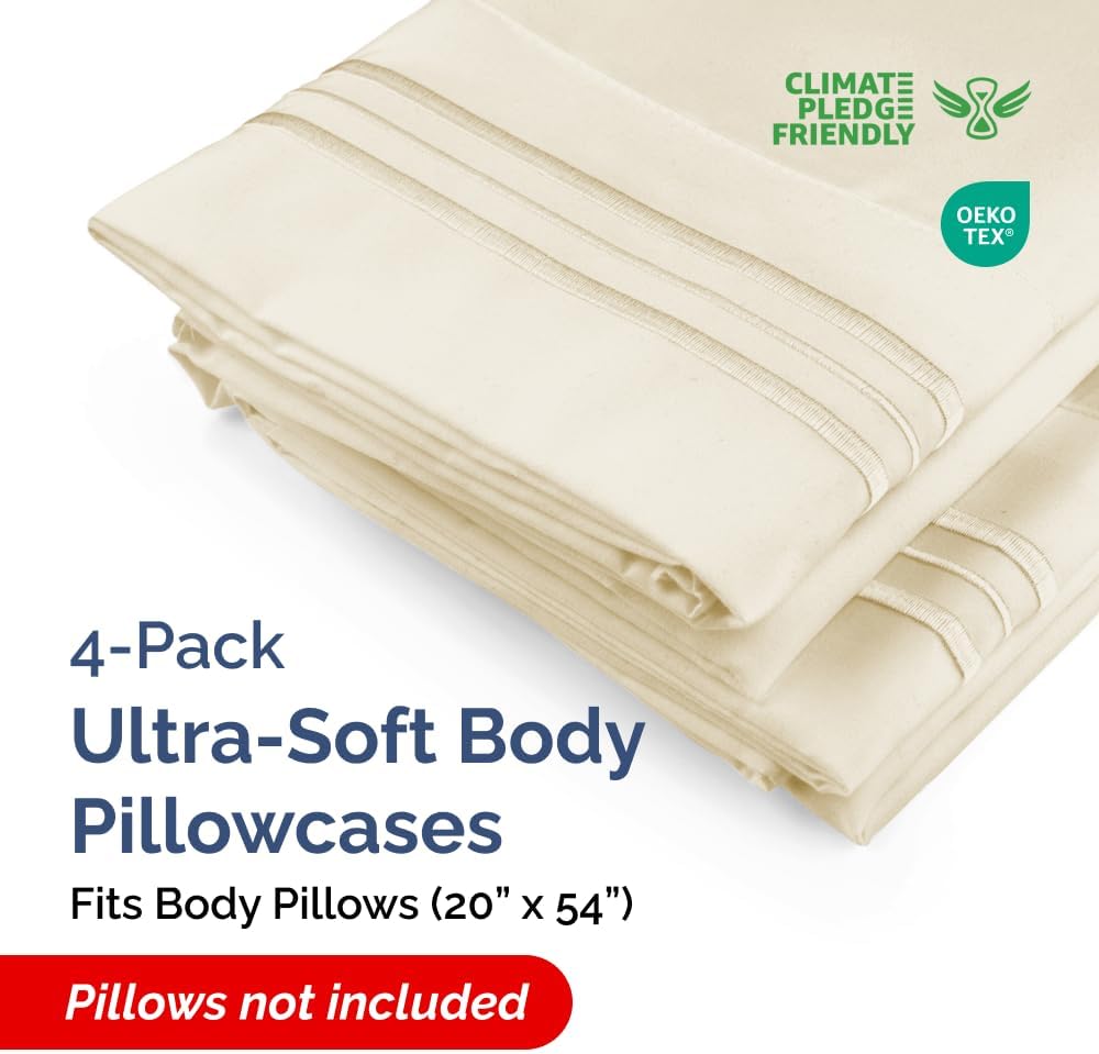 Skiennix Body Pillowcases Set of 4 | Soft, Breathable 20x54 Long Pillow Covers - Machine Washable, Fade Resistant - Off White