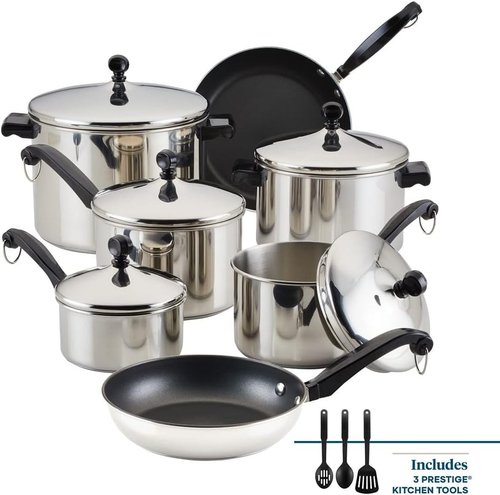 Farberware Classic Stainless Steel Cookware Set - 15-Piece Pots & Pans - Durable & Stylish Silver Finish