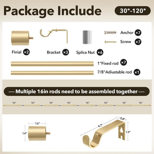 IFELS Heavy Duty Curtain Rod - Adjustable 66 to 120 Inch | Gold Metal Finials & Modern Design