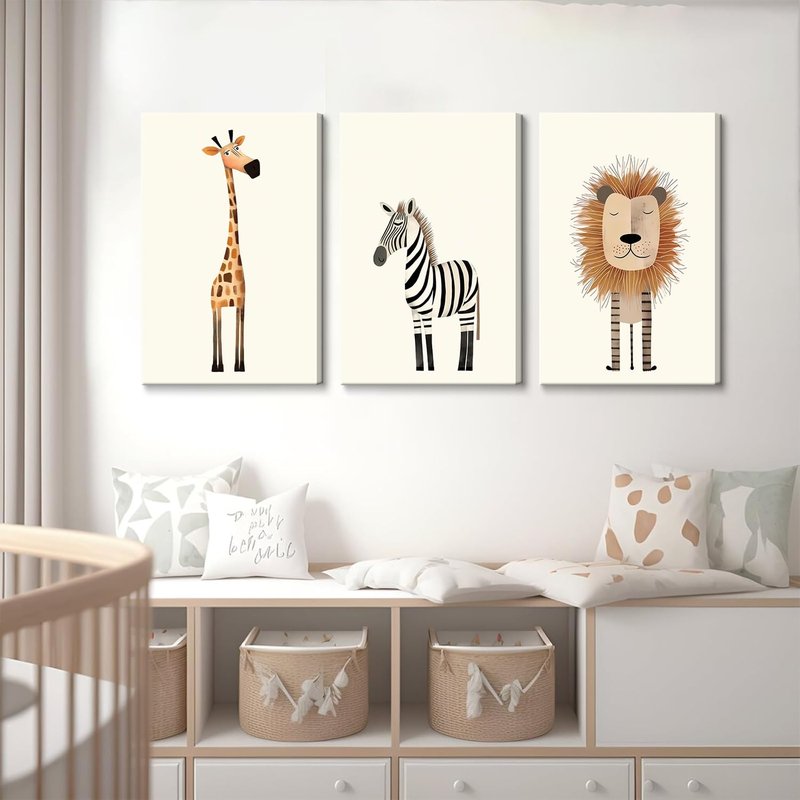 Safari Nursery Wall Art Baby Animal Canvas Wall Decor Cute Giraffe Lion Zebra Jungle Pictures Prints Posters for Baby Boy Girl Children's Room Bedroom Home Decorations 16x24inx3 Framed