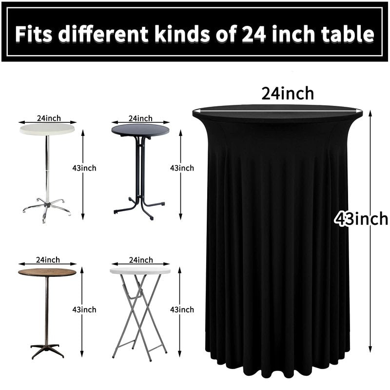 REWOMC 10 Packs Round Cocktail Table Skirt 24"x 43" Spandex Stretch Cocktail Tablecloth with Wavy Drapes, Black Spandex Fitted High Top Table Covers for Wedding Bar Party Birthday Banquet Tables
