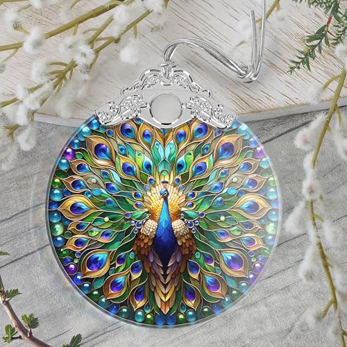 Peacock Stained Glass Ornament - PEMIRSAYO Peacock Christmas Tree Decor (3" x 3.5")