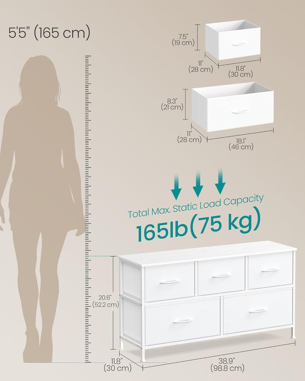 SONGMICS Dresser - 5-Drawer Storage Organizer Unit in Cloud White & Snow White | Stylish Bedroom Chest