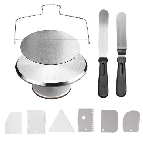 Cake Decorating Turntable,Cake Decorating Supplies with Decorating Comb/Icing Smoother(3pcs),2 Icing Spatula with Sided & Angled … (Silver 12 In)