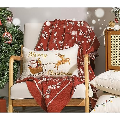 Lewondr Christmas Throw Pillow Cover, 1 PCS 12 x 20 Inch Cute Santa Claus Reindeer Sleigh Embroidery Throw Pillow Case Luxury Soft Pellet Velvet Lumbar Pillow Cover for Bed Home Decor Living Room