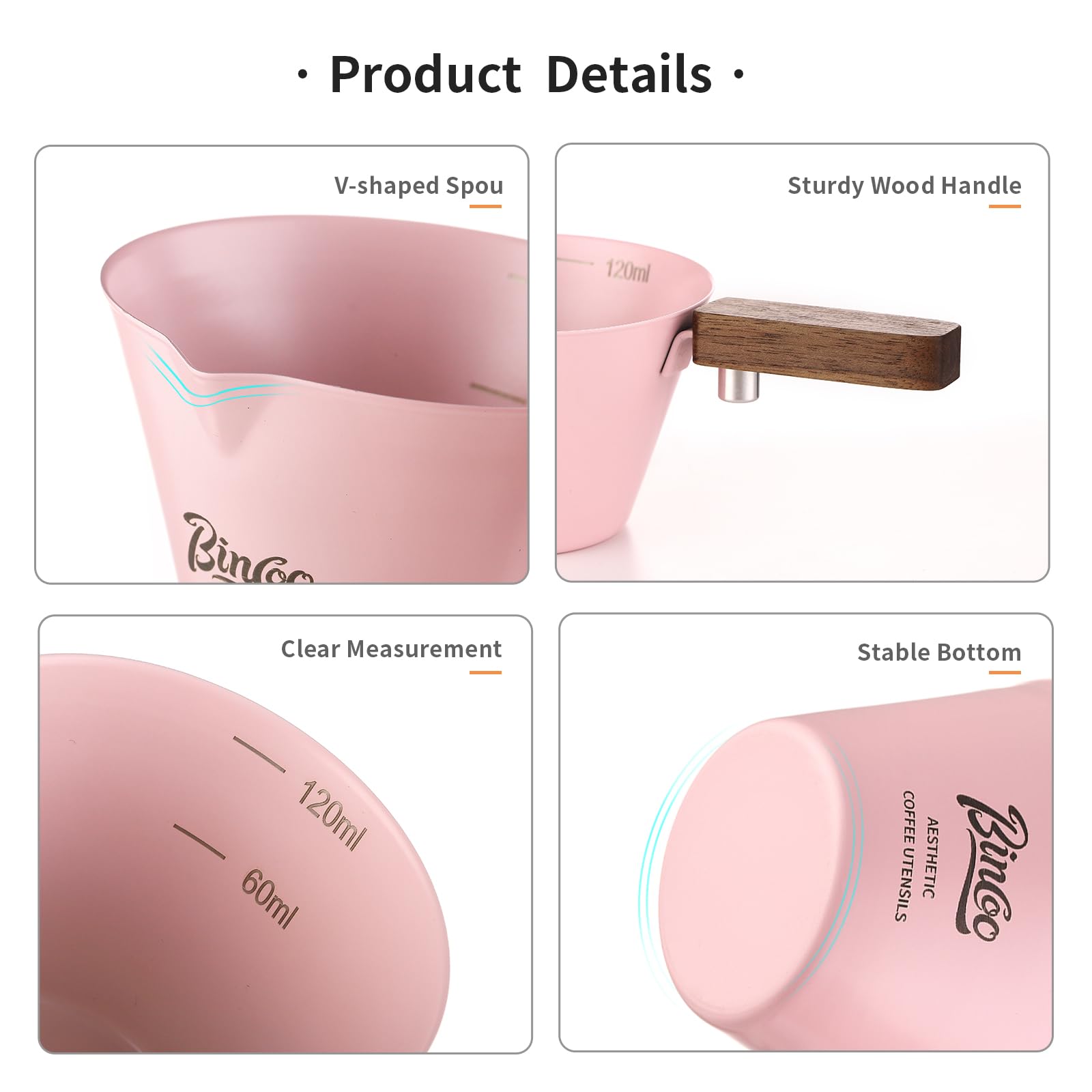 Pink Espresso Shot Cup with Wood Handle - 2 Pack Stainless Steel Espresso Measuring Cup,120ML Espresoo Pouring Cup Set of 2