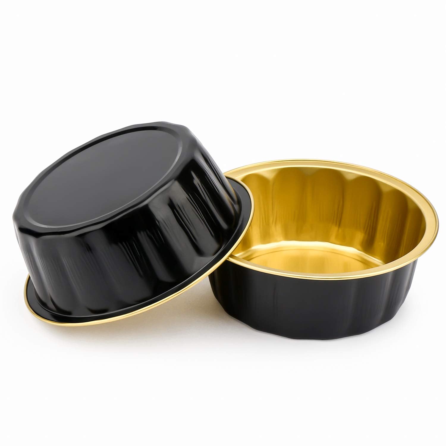 Beasea Disposable Ramekins with Lids, 8 oz 50 Pack Black Gold Aluminum Foil Cups, Disposable Creme Brulee Muffin Cupcake Baking Cup Mini Pudding Cups for Party Wedding Birthday