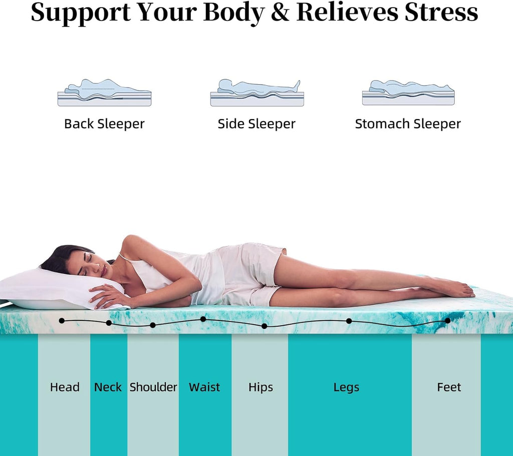 Skiennix 3-Inch Memory Foam Mattress Topper - Gel-Infused for Back Pain Relief | Queen Size 60x80 Inches