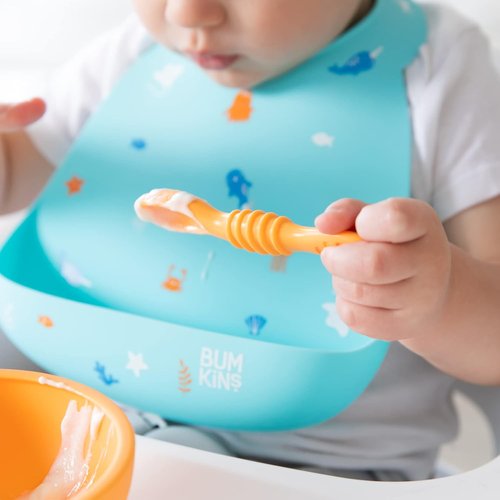 Bumkins Baby Utensil Set - Soft Silicone Trainer Spoons for Self-Feeding | 3-Pack in Red & Yellow