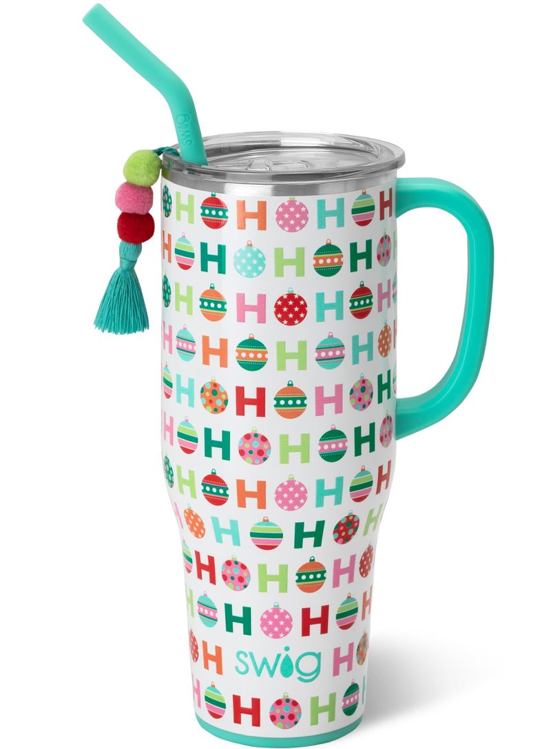 Swig Life 40oz Mega Mug, 40 oz Tumbler with Handle and Straw, Cup Holder Friendly, Dishwasher Safe, Extra Large Insulated Tumbler, Stainless Steel (HoHoHo)