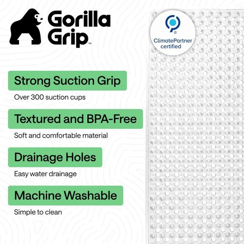 GORILLA GRIP Bath Tub Shower Mat - Machine Washable, Soft & Slip-Resistant, 35x16 Inch, Clear