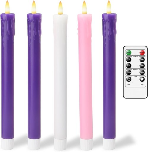 Lezonic Flameless Advent Candles - Battery Operated LED Taper Set of 5 for Christmas Decor | 3 Purple, 1 Pink, 1 White