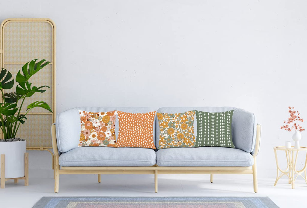 Retro Boho Fall Caramel Orange and Green Hippie 70s Flower Dots Ethnic Floral Decorative Throw Pillow Cover Cushion Case for Women Gifts,Home Sofa Bed Couch Office Bohemian Decor 18 x18 Inch Set of 4