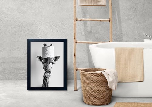 Funny Animal Wall Art - Giraffe with Toilet Paper Roll | Black and White Framed Canvas Decor