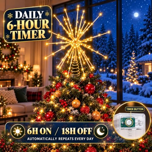 Meonum LED Starburst Christmas Tree Topper with Timer, Golden 16in