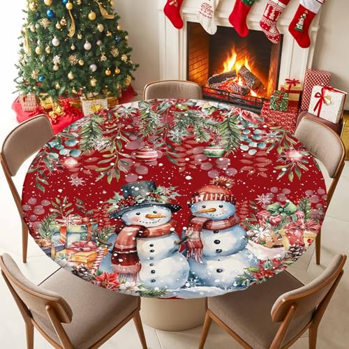 Chucoco Christmas Snowman Round Table Cover 36-44 Inch Elastic Waterproof Red & White