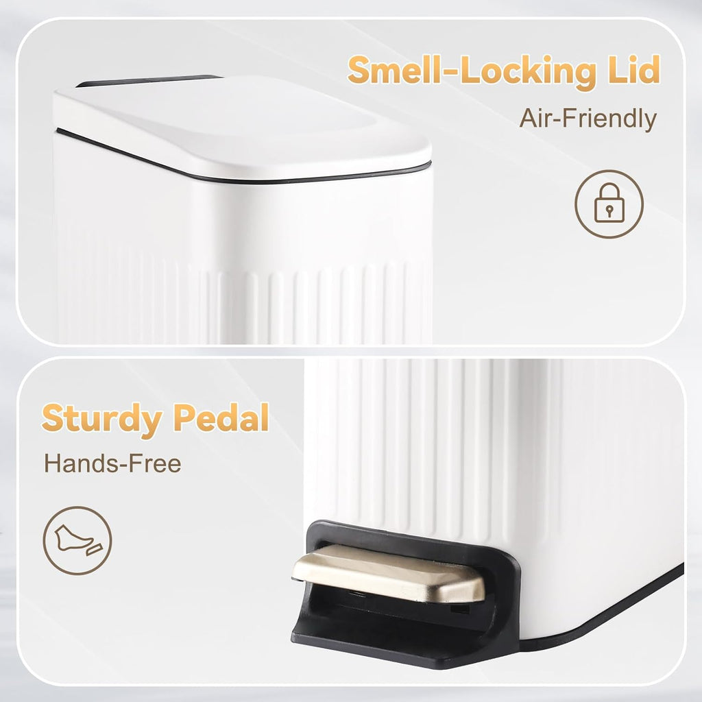 SYNCVIBE Slim Bathroom Trash Can - Soft Close Stainless Steel Step Bin with Removable Inner Bucket | 1.8 Gallons, Matte White