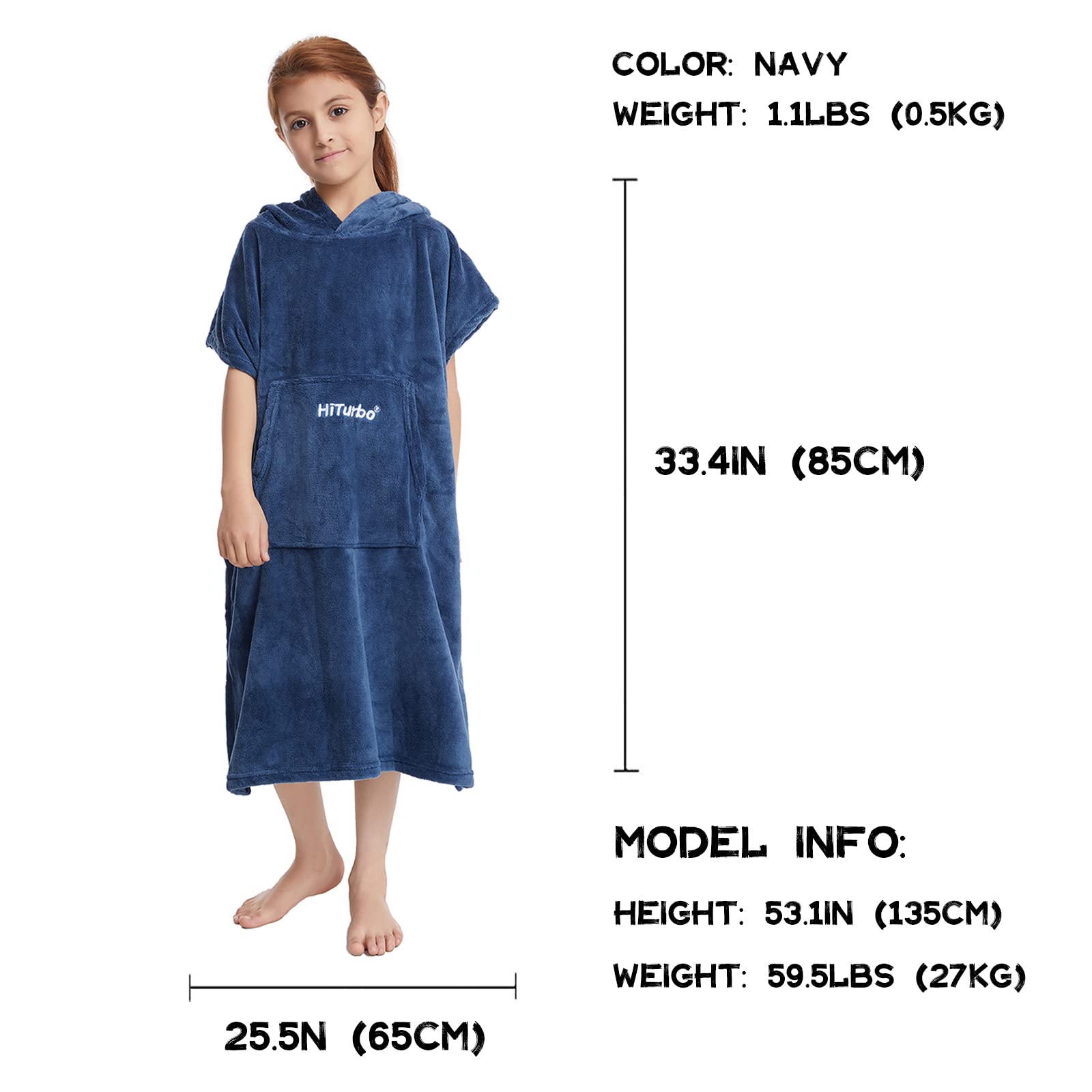 Hiturbo Kids Towel Changing Robe: Soft Plush Bath Towels - Warm Coral Fleece Hoodie - Swim Surf Poncho for 5-12 Years (Navy)
