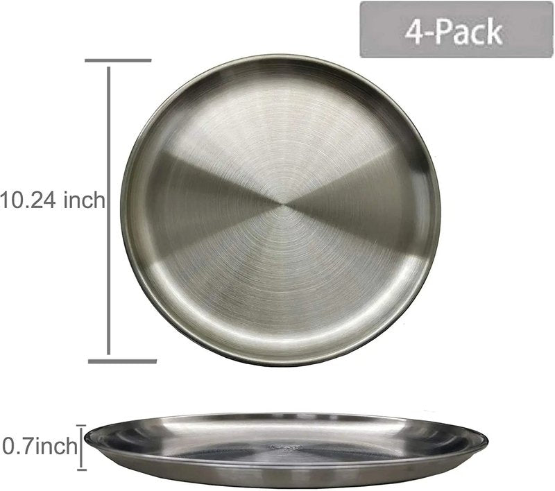JXHAPY Reusable Brushed Metal Dinner Plates-Stainless Steel Round Plates,Dinner Plate Dish Heavy Duty Kitchenware Round Metal Plates | Dishwasher Safe |Use for BBQ Steak (10 Inch 4 Pack)