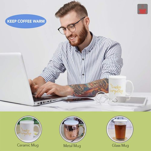 2 Pieces Reusable Mug Lids for Ceramic Mugs, 11 Ounce White Ceramic Cup Lid, Drink Cover for Outdoors, Cup Cover to Keep Warm, Fits Mug with Outside Diameter 3.25 Inch, Best for Hot and Cold Beverage