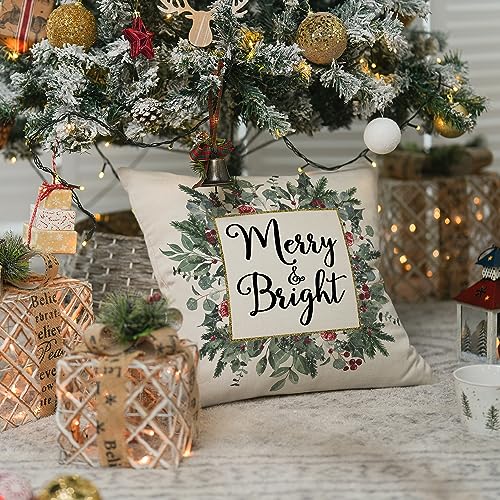 16x16 Inch Christmas Throw Pillow Cover Merry & Bright Eucalyptus & Mistletoe