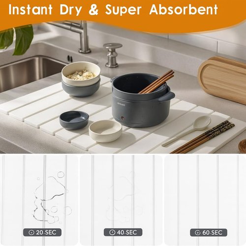 Large Stone Dish Drying Mats for Kitchen Counter, Foldable Quick Drying Mats, Eco-Friendly, diatomaceous earth bath mat, tapete de piedra absorbente para cocina 24" L x 16" W Inches (WHITE, LARGE)