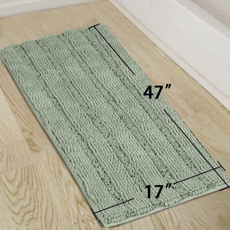 Turquoize Sage Green Chenille Bathroom Rug Runner, 47x17 Non-Slip Bath Mat