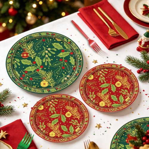 Holly Leaf Red Berry Christmas Paper Plates & Napkins Party Set - Serves 24