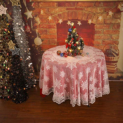DoubleWood White Lace Round Christmas Tablecloth 70" Dia – Snowflake Pattern