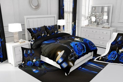 Girly 3D Rose Queen Comforter Set for Teens Rose Floral Wine Glass Bedding Sets Bedroom Decor Blue Flowers Down Comforter Couple Valentine's Day Duvet Insert Black Grey Quilted Comforter, 3Pcs