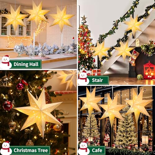 Lewondr 7-Pointed Star Christmas Paper Lantern 3 Pack with C-Warm Light