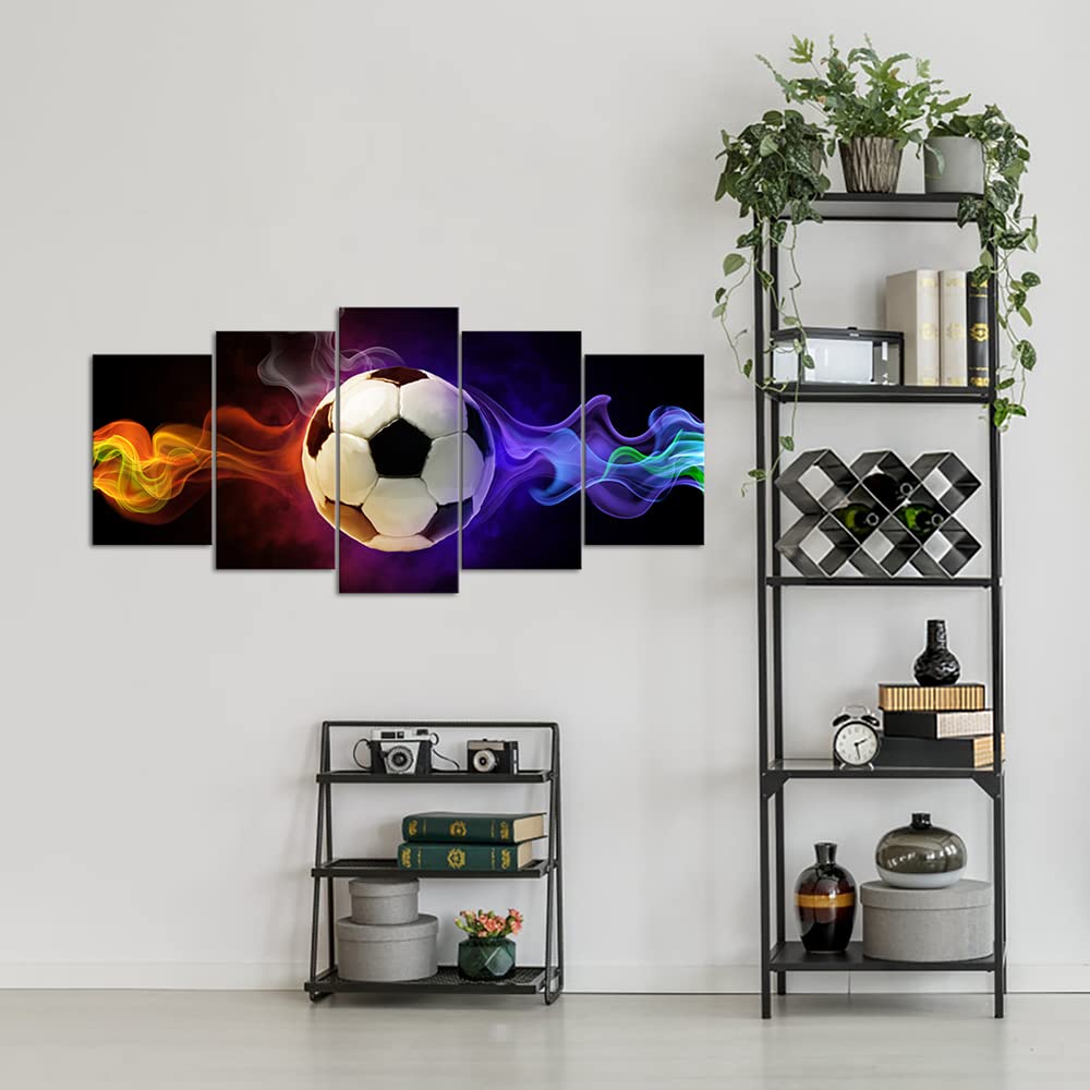 iLOOKLiKE 5 Panels Soccer Ball with Gold and Purple Fire on Black Backdrop Canvas Prints Wall Art Sports Themed Picture Posters for Boys Bedroom Football Canvas Artwork Home Office Wall Decor