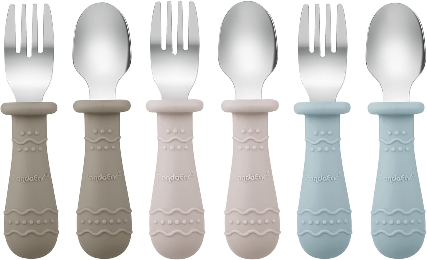 PandaEar Toddler Utensils Set - 6 Pack Stainless Steel & Silicone Spoons and Forks | Dishwasher Safe (Light Tan/Walnut/Blue)