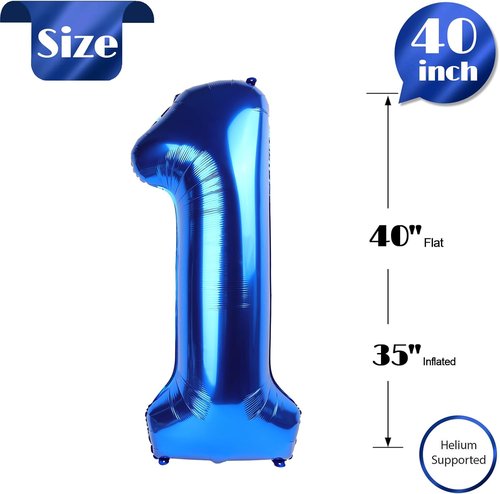 Metallic Blue Number 1 Balloon - 40 Inch Shiny Decoration for Baby Boy/Girl First Birthday