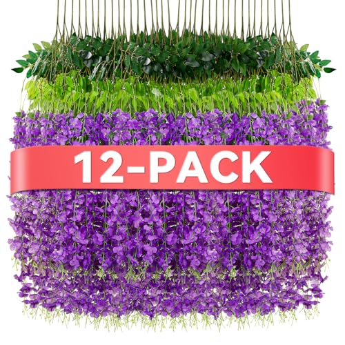 Purple Wisteria Hanging Flowers - 12 Pack Artificial Vines for Decor