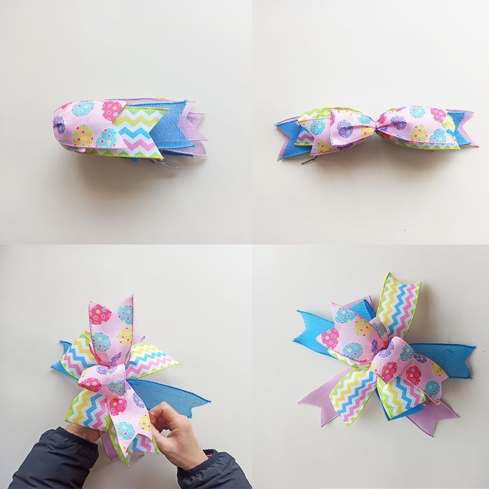 Skiennix Easter Wreath Bow - Pre-Tied Striped Wired Ribbon for Spring Decor | 10x12 Inch