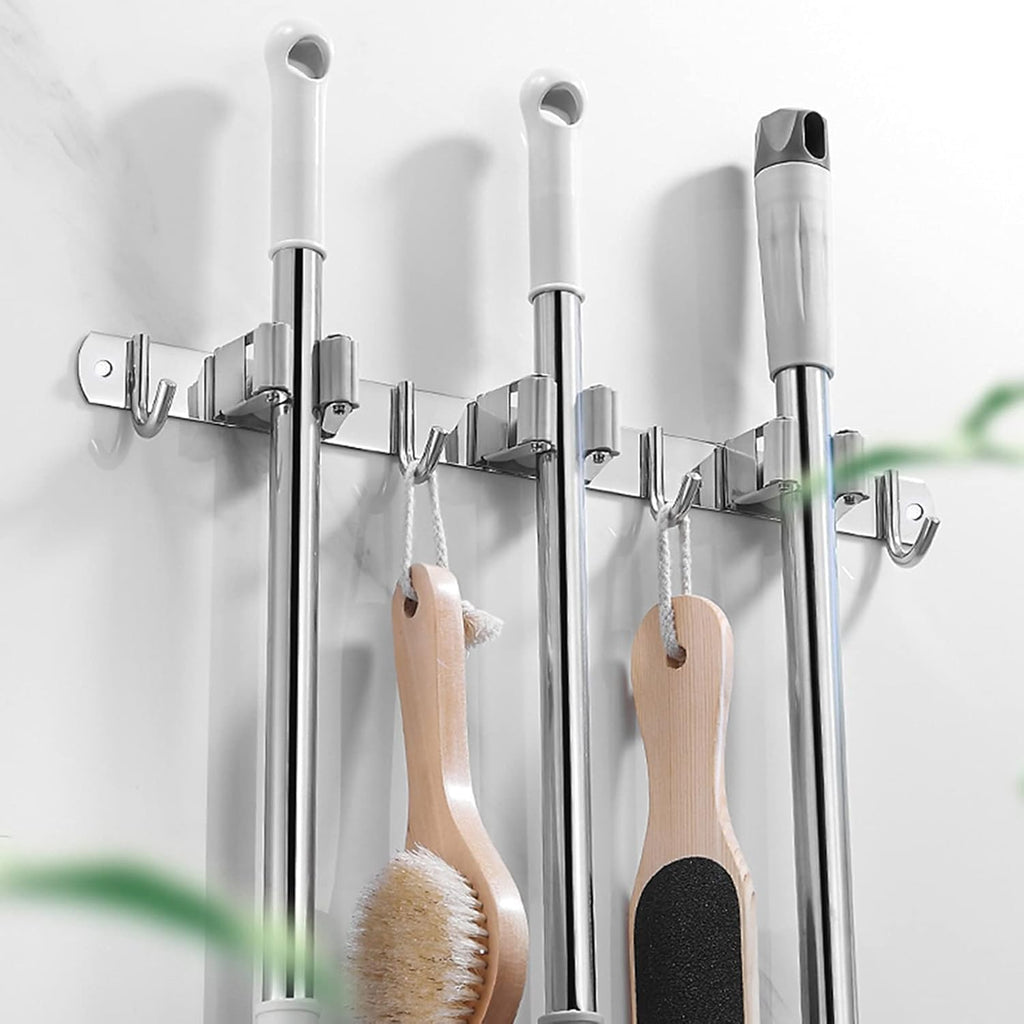 Skiennix Broom and Mop Holder - Wall Mounted Storage Rack with 2 Racks & 3 Hooks - Heavy Duty Stainless Steel