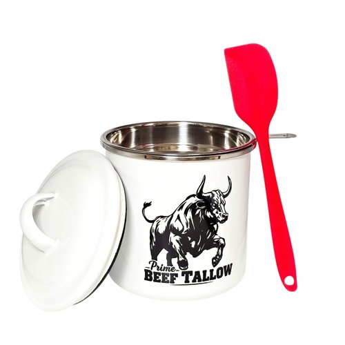 Beef Tallow Container with strainer for Fat Storage – 40 floz – 1.1 L – Bacon Grease Container, Strainer, & Spatula for Brisket Drippings, Lard, & Oil– Grease Keeper for Kitchen - Dishwasher Safe