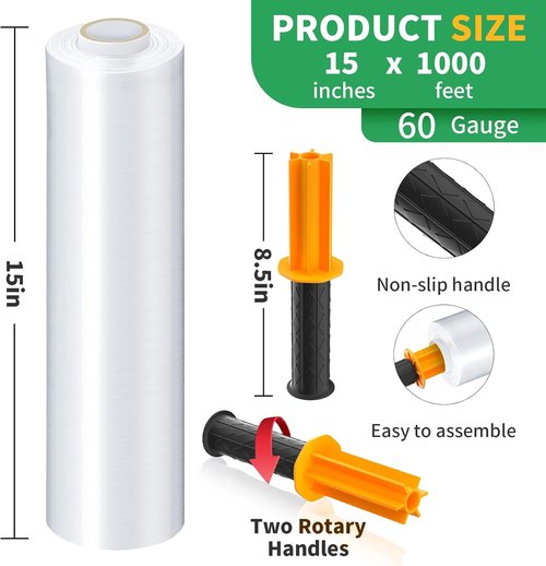 HERKKA Stretch Film - Industrial Strength Moving Wrap with Handles | 15" x 1000 Feet, 3 Pack, 60 Gauge
